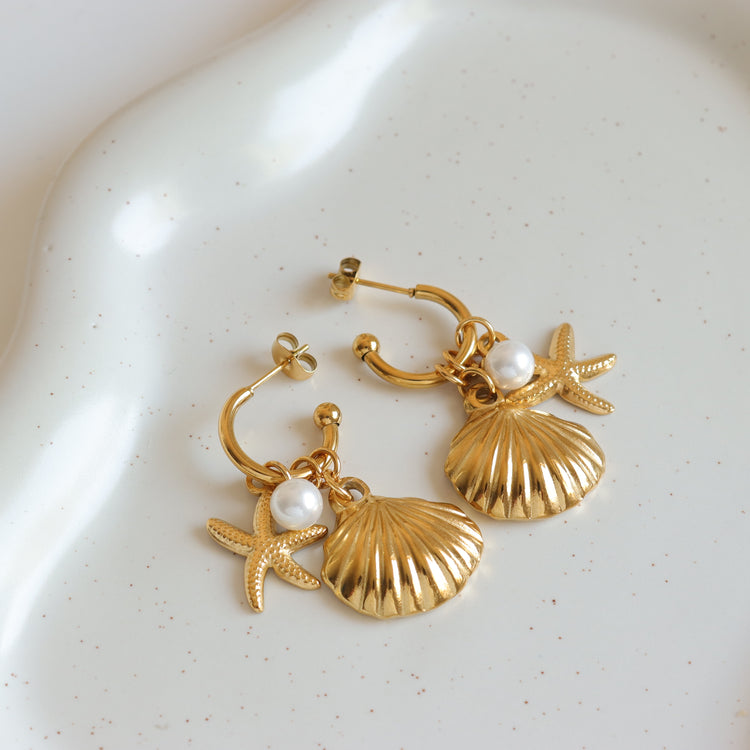 SEASHELL PEARL STAR EARRINGS